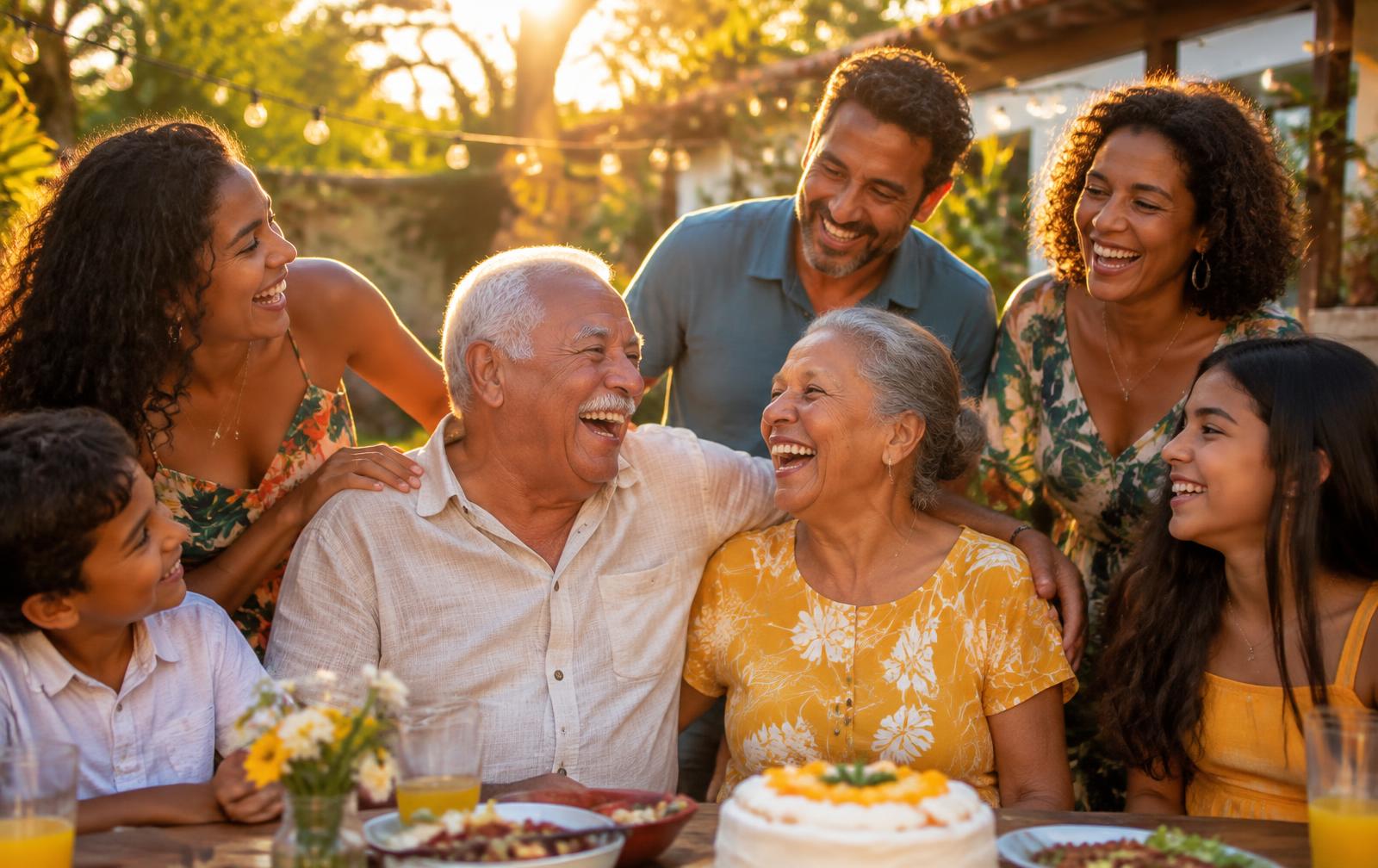 Família celebrando bodas de ouro ao ar livre