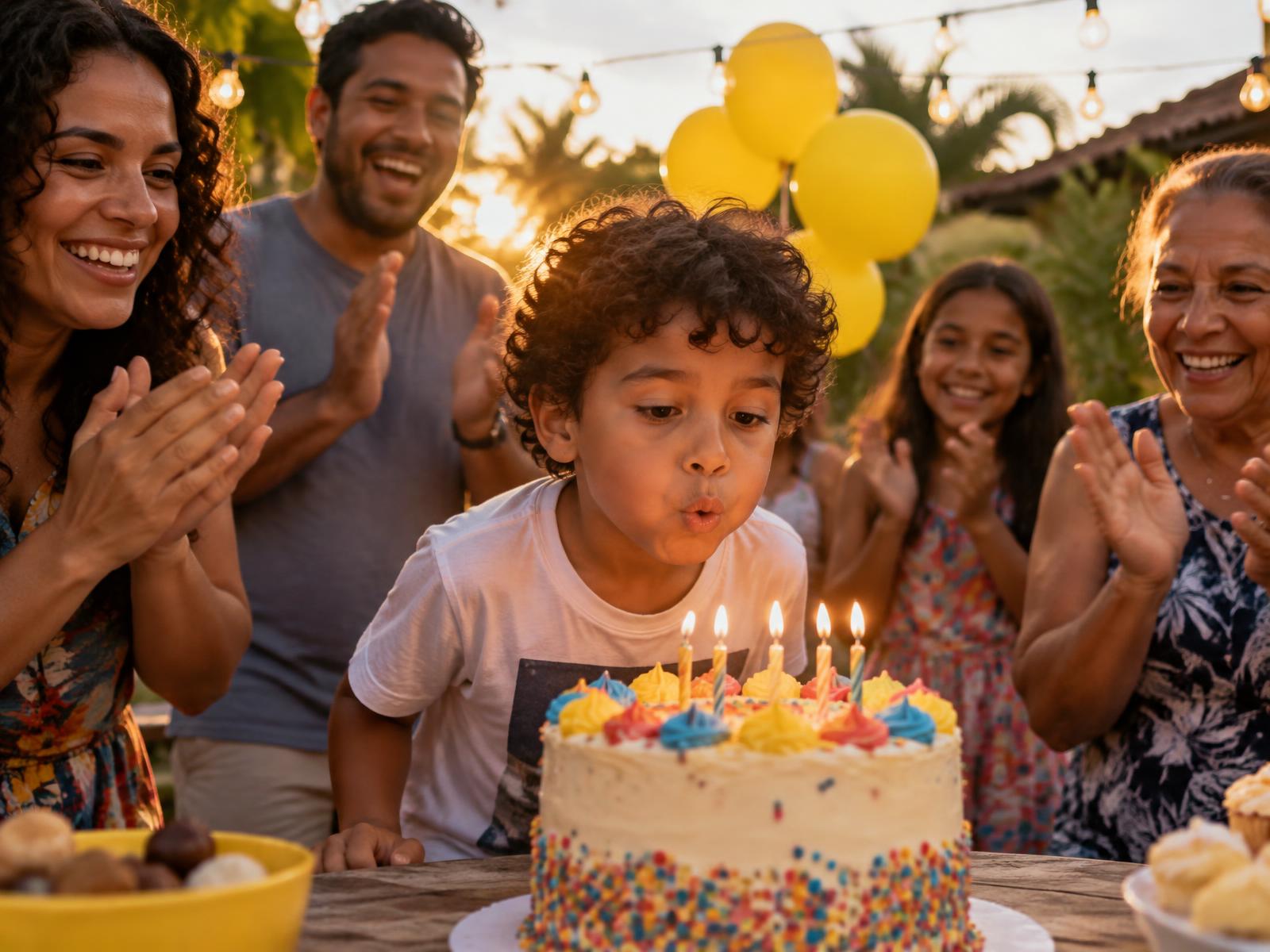 Criança soprando as velas do bolo de aniversário