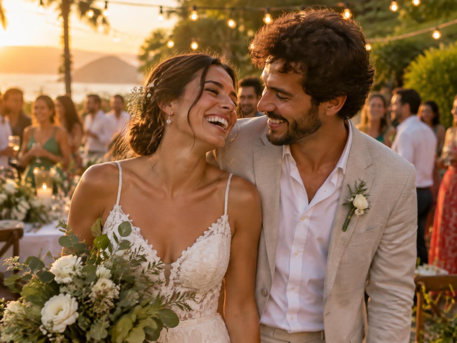 Casal de noivos sorrindo na festa de casamento